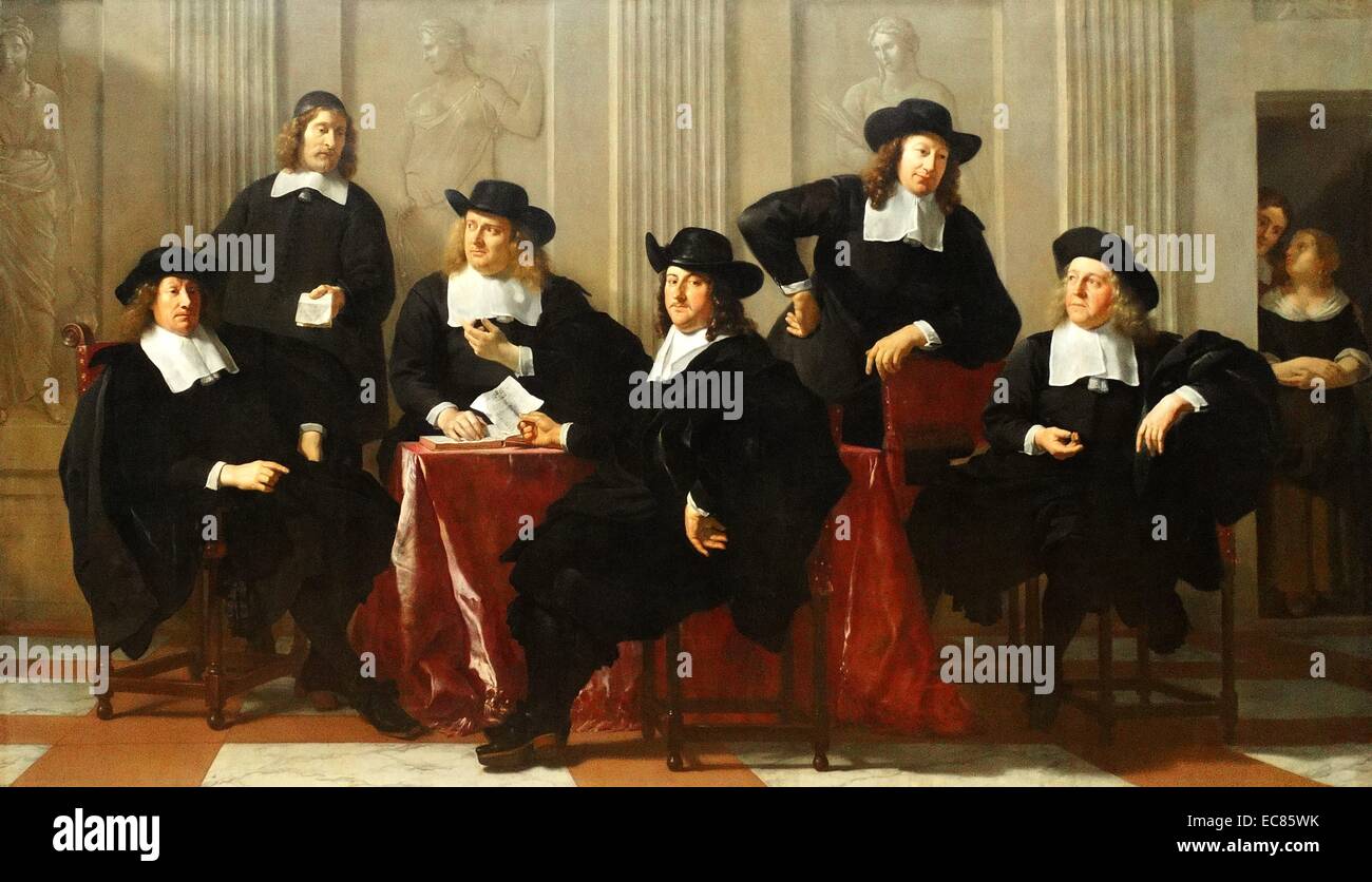Painting of the Regents of the Spinhuis and Nieuwe Wekhuis, Amsterdam. Painted by Karel Dujardin (1626-1678). Dated 17th Century Stock Photo