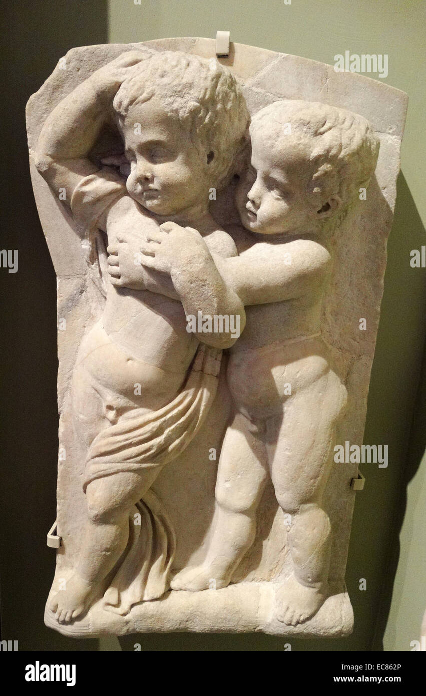 drunken boys honour Bacchus the Roman god of wine; Roman marble sarcophagus (detail) 150 AD Stock Photo