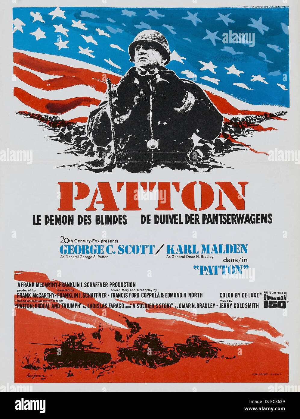 Patton is a 1970 American biographical war film about U.S. General George S. Patton during World War II. It stars George C. Scott; Karl Malden; Michael Bates and Karl Michael Vogler. It was directed by Franklin J. Schaffner from a script by Francis Ford Coppola and Edmund H. North Stock Photo