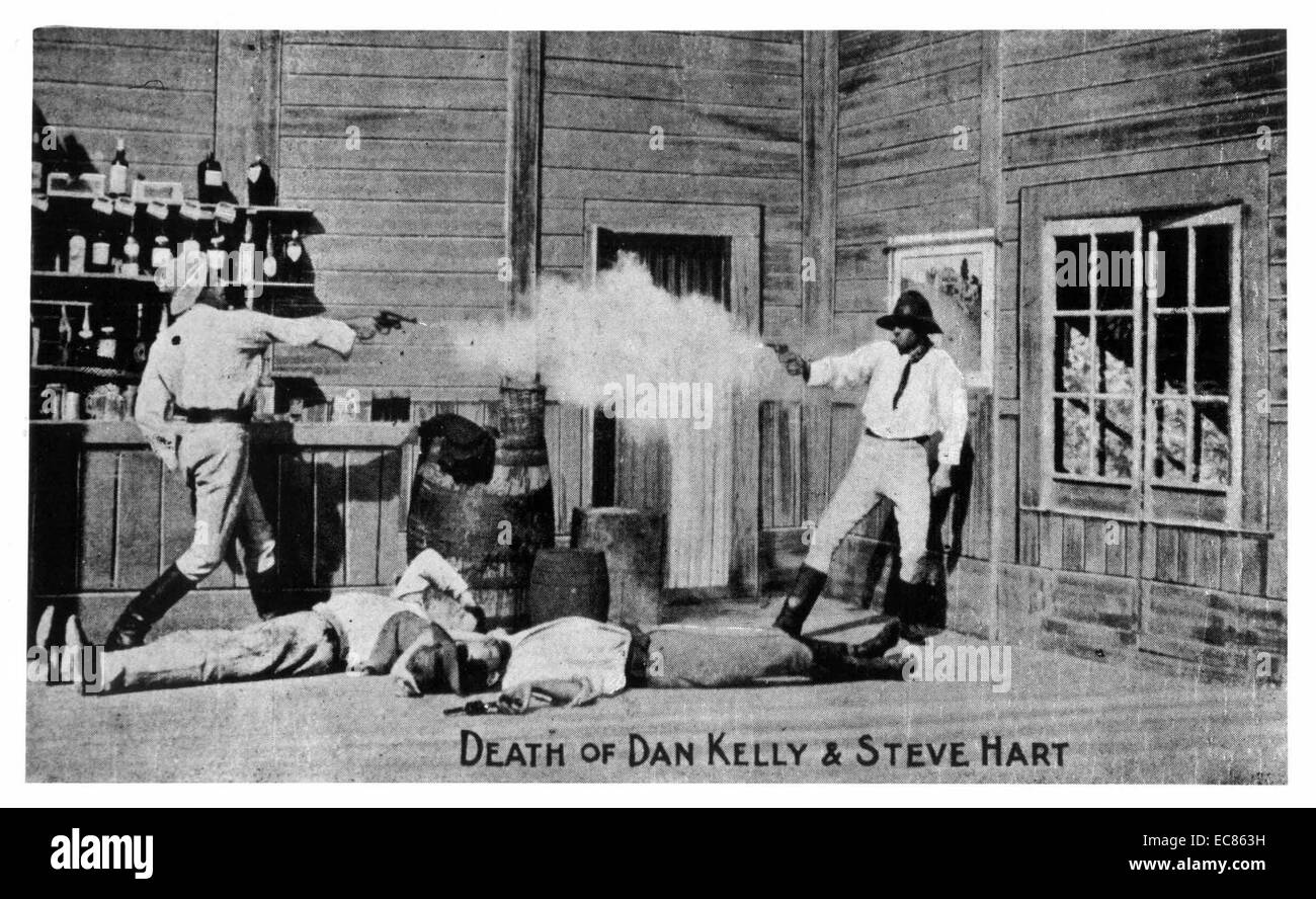 The Story of the Kelly Gang' is a 1906 Australian film that traces the life of the legendary infamous outlaw and bushranger Ned Kelly (1855–1880). It was written and directed by Charles Tait. The film ran for more than an hour; and at that time was the longest narrative film yet seen in the world Stock Photo
