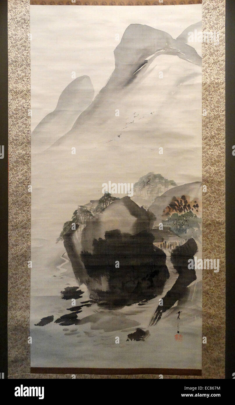 Silk hanging scroll showing Mount Horai; by Japanese artist; Watanabe Shotei 1851-1918 Stock Photo