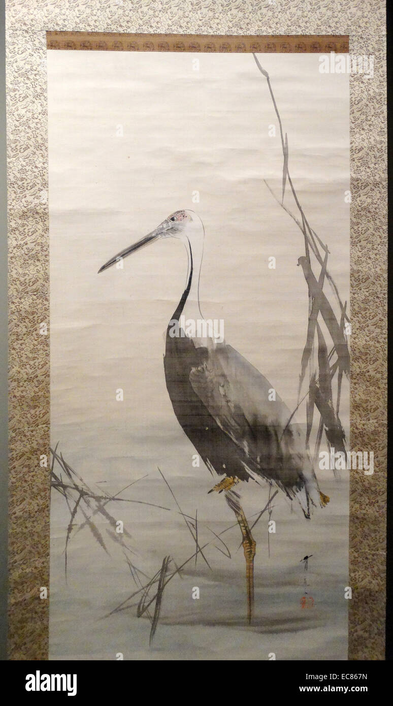 Silk hanging scroll showing a White Crane; by Japanese artist; Watanabe Shotei 1851-1918 Stock Photo