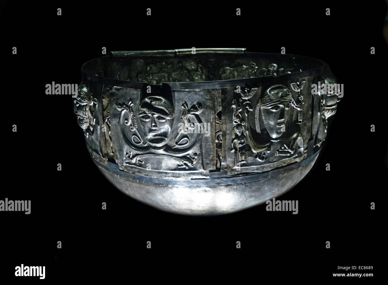The Gundestrup cauldron is a richly decorated silver vessel; thought to date between 200 BC and 300 AD; placing it within the late La Tène period or early Roman Iron Age. The cauldron is the largest known example of European Iron Age silver work. It was found in 1891 in a peat bog near the hamlet of Gundestrup in the Aars parish of Himmerland; Denmark Stock Photo