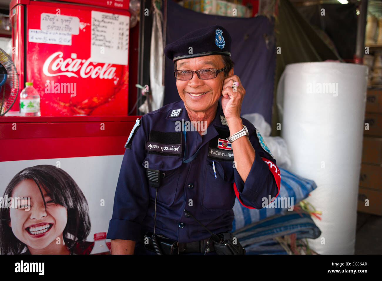 Security guard at Chatuchak weekend market, Bangkok, Thailand Stock