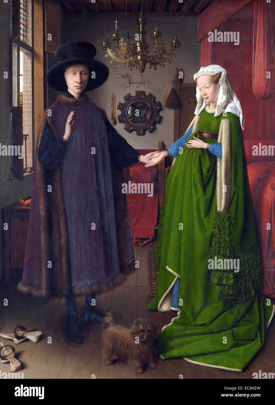 Painting titled 'The Arnolfini Portrait' painted by Jan van Eyck (1390-1441) Netherlandish painter. The painting is also known as 'The Arnolfini Wedding' Dated 15th Century Stock Photo