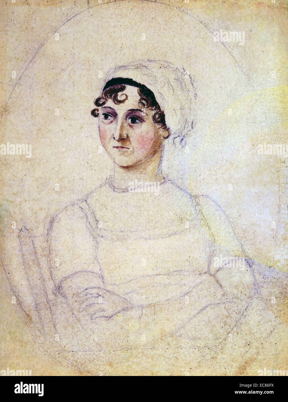 Colour portrait of Jane Austen (1775-1817) drawn by her sister Cassandra. Dated 1810 Stock Photo
