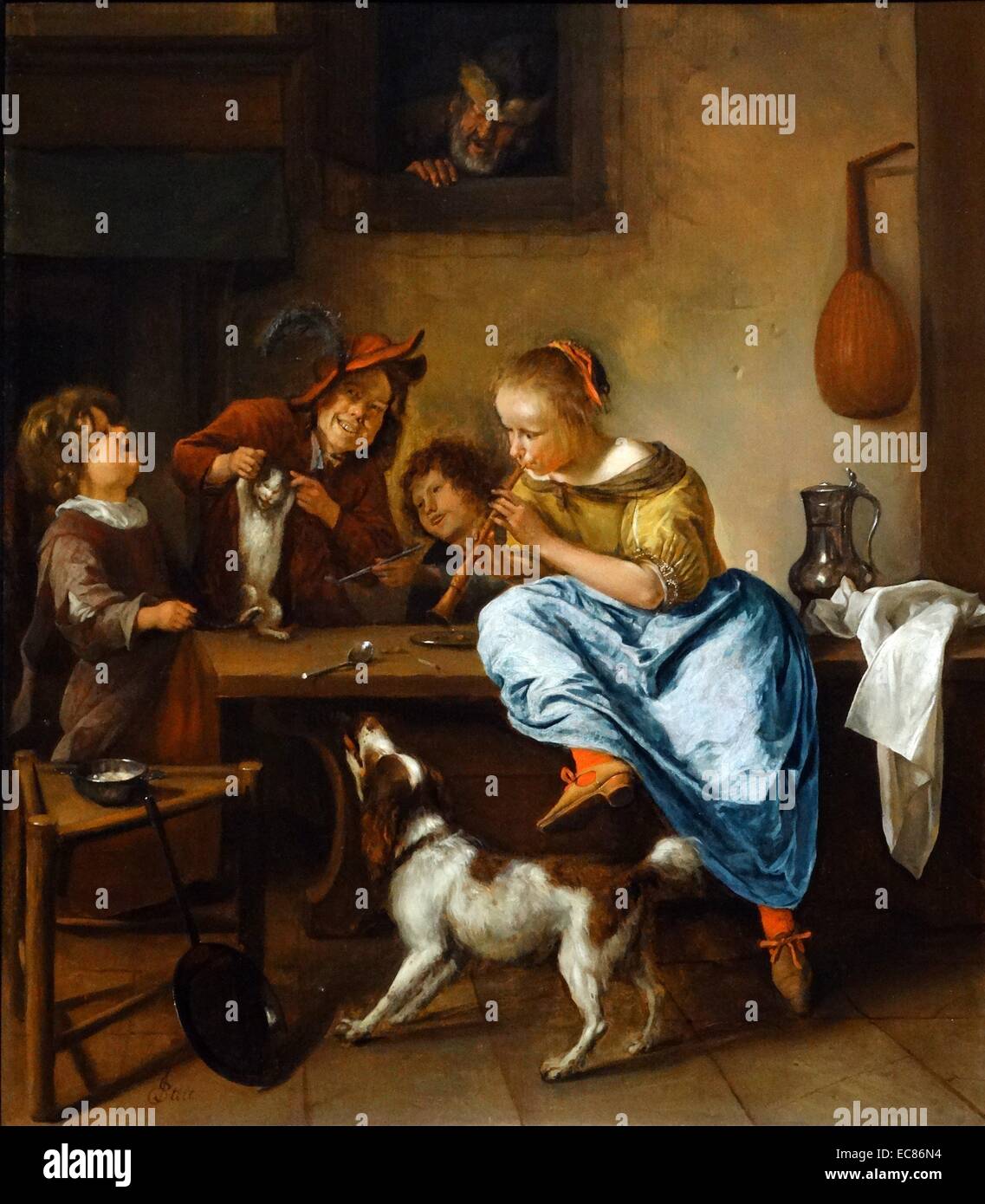 Painting titled 'The Dancing Lesson' depicts children teaching a cat to dance. Painted by Jan Havicksz Steen (1625-1679). Dated 17th Century Stock Photo