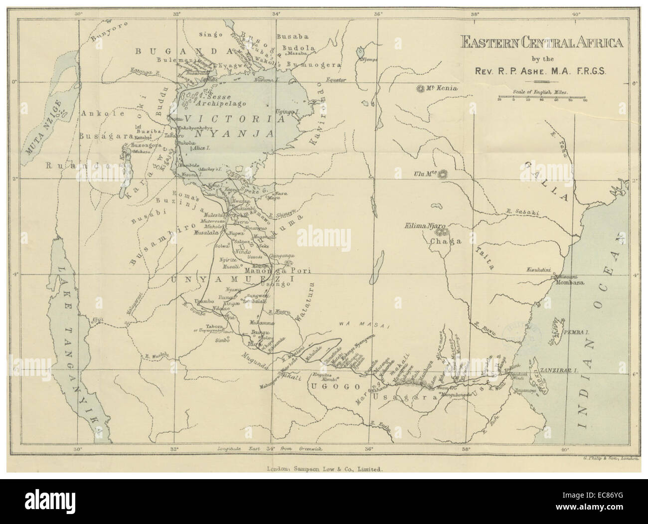 ASHE(1889) MAP OF EASTERN CENTRAL AFRICA Stock Photo