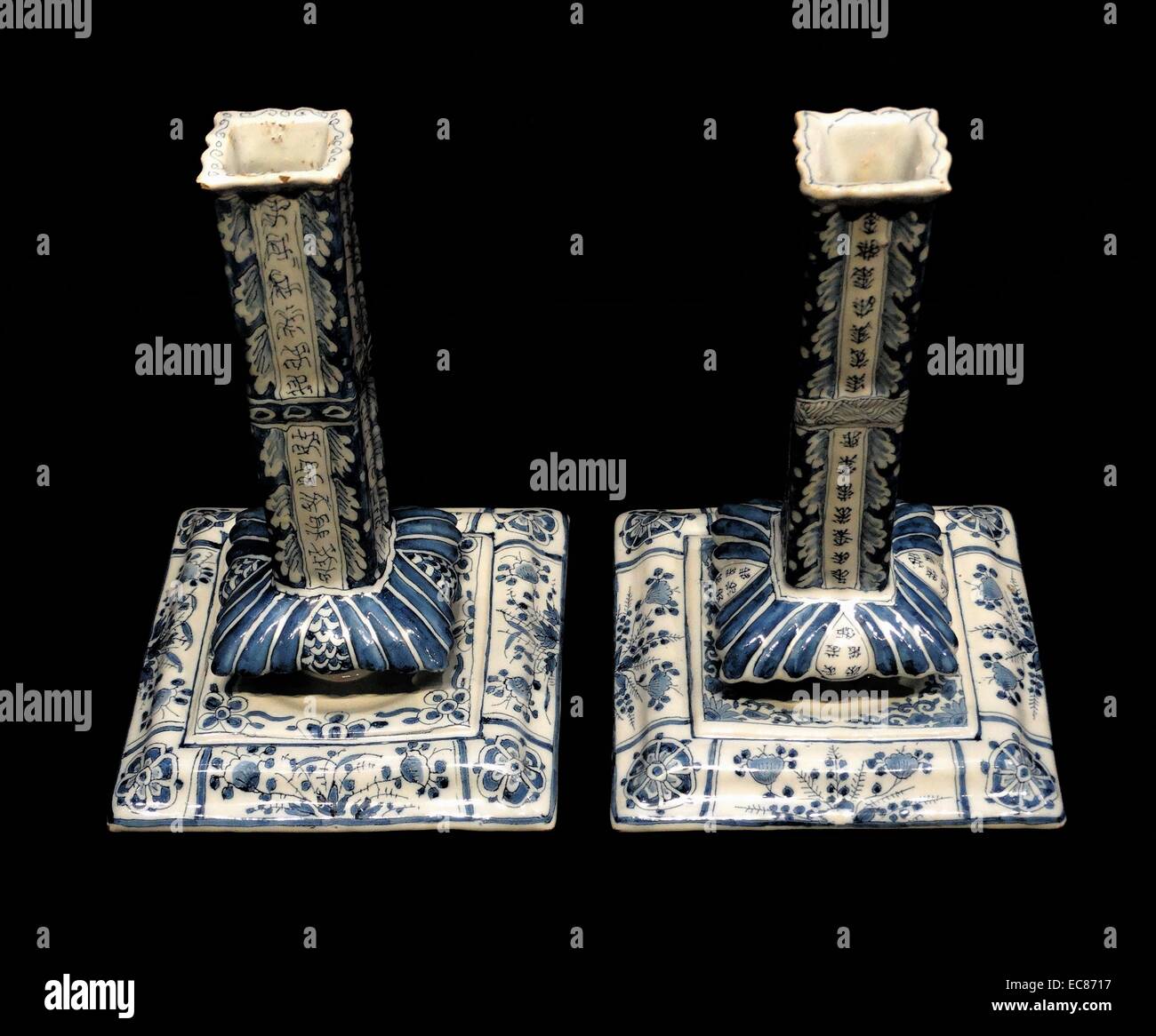 Pair of tin-glazed earthenware candlesticks. Dated 17th Century Stock Photo