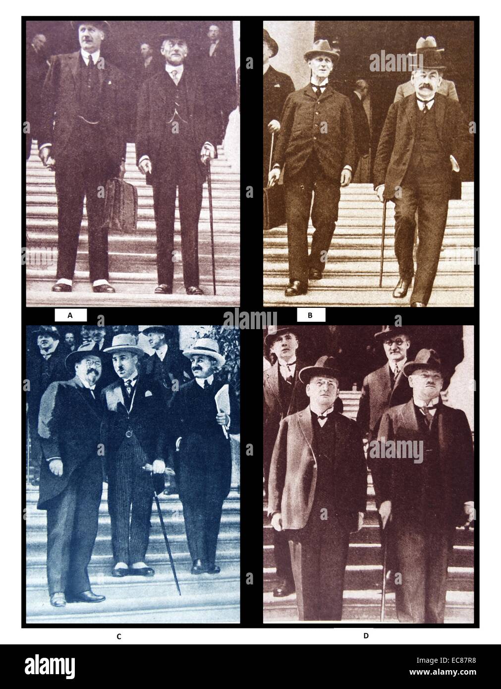 Photograph of delegates attending the Locarno Treaty Conference. (A) Austen Chamberlain; (B) Aristide Briand; (C) Belgian Ambassador Vanderville; (D) Dr Luther and Herr Stresemann for Germany. Dated 1925 Stock Photo
