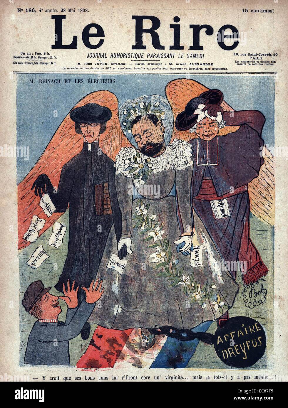 Satirical magazine cover of 'Le Rire' depicting Joseph Reinach (1856-1921) a French author and politician who championed Alfred Dreyfus (1859-1935) during the Dreyfus affair. Dated 1898 Stock Photo