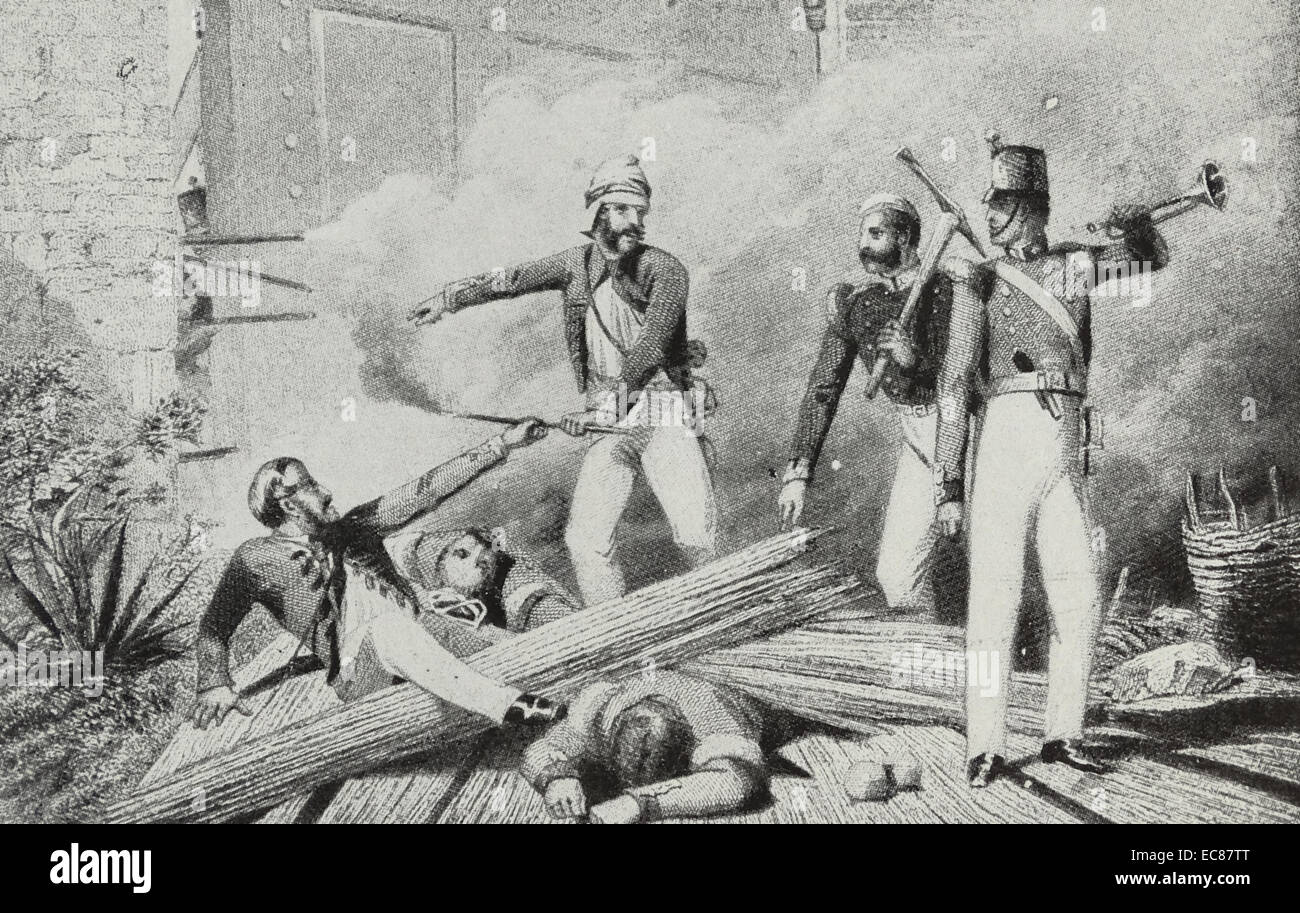 Illustration of the blowing up of the Kashmir Gate in Delhi, India. Dated 1857 Stock Photo