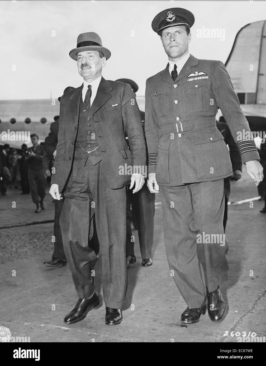 Photograph of Clement Attlee (1883-1967), arriving at Berlin-Gatow airfield, Berlin. Arriving for the Potsdam Conference after World War Two. Dated 1945 Stock Photo