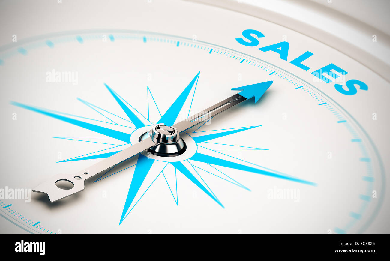 Compass with needle pointing the word sales, white and blue tones