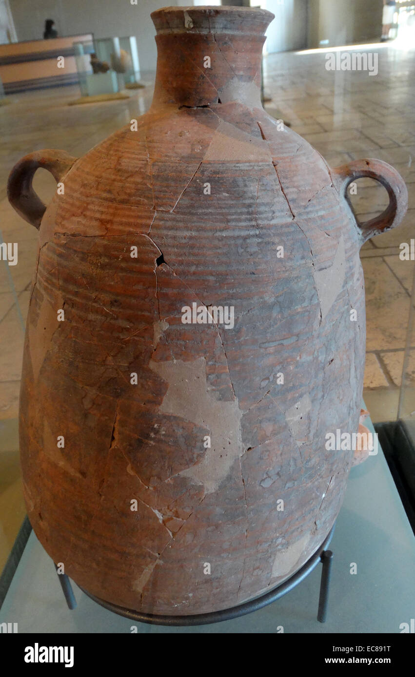 Jar used during the Great Revolt period on Masada. Masada is an ancient fortification in the Southern District of Israel situated on top of an isolated rock plateau on the eastern edge of the Judean Desert, overlooking the Dead Sea Dated 73 BC Stock Photo