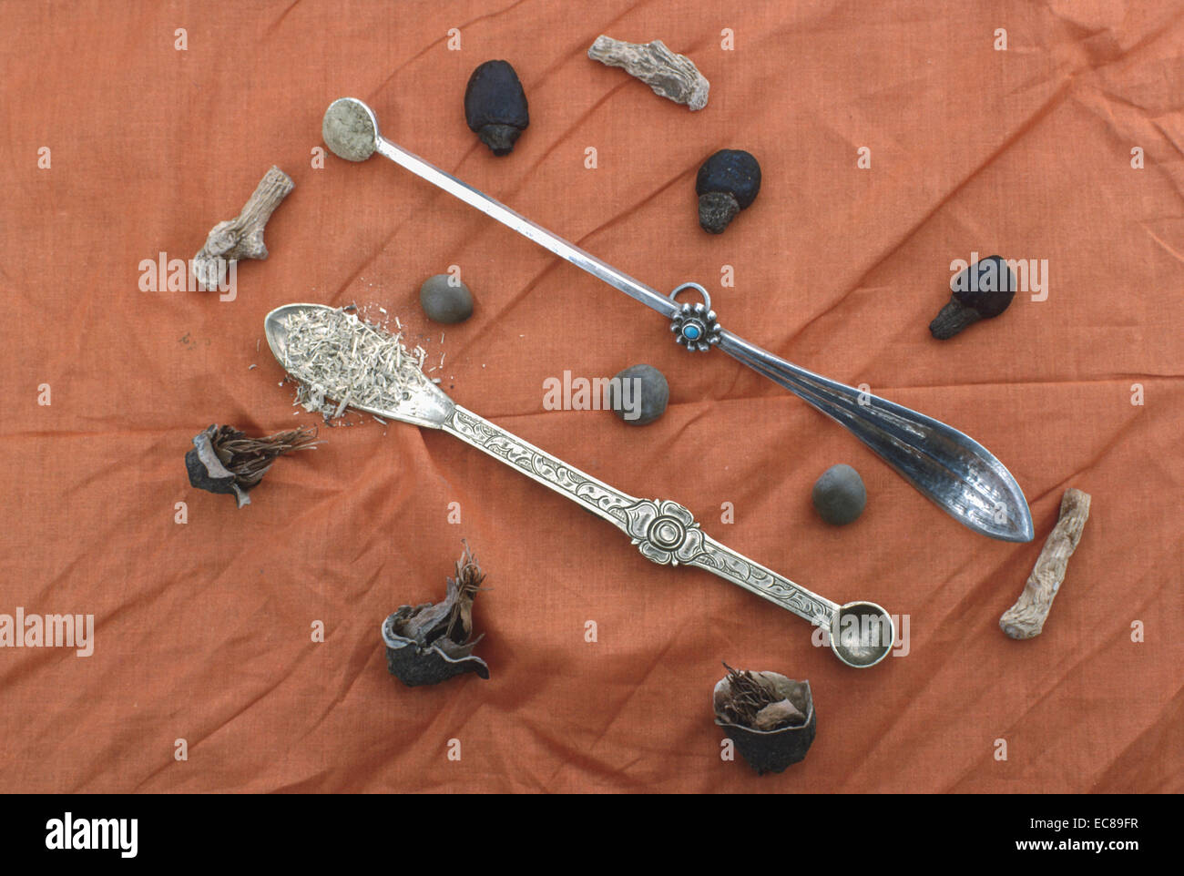 Ladakh Tibet silver turquoise stone decorative traditional Tibetan medical measuring instruments medicine spoons Stock Photo