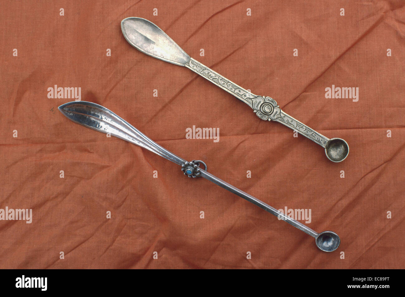 Ladakh silver turquoise stone decorative traditional Tibetan medical measuring instruments medicine spoons Stock Photo