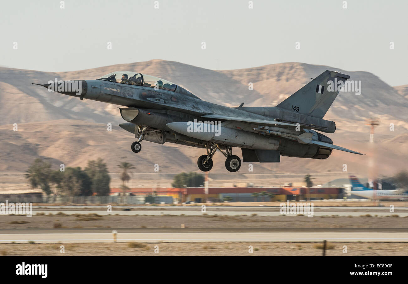 Uvda Airbase, Israel. 9th Dec, 2014. A Greek F-16 jet takes off during a joint air forces drill at the Uvda airbase in the Negev Desert near Eilat, southern Israel, on Dec. 9, 2014. Israel and Greece concluded a Joint Air Forces drill during the joint IDF-Hellenic Air Force drill week. Credit:  Li Rui/Xinhua/Alamy Live News Stock Photo