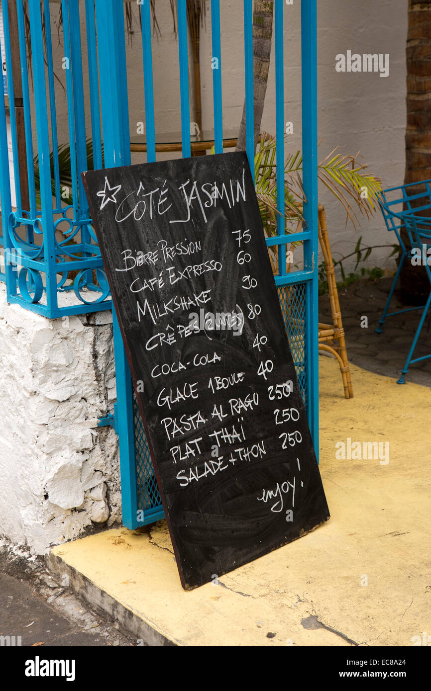 Mauritius, Port Louis, Cote Jasmin restaurant, chalked menu at entrance Stock Photo