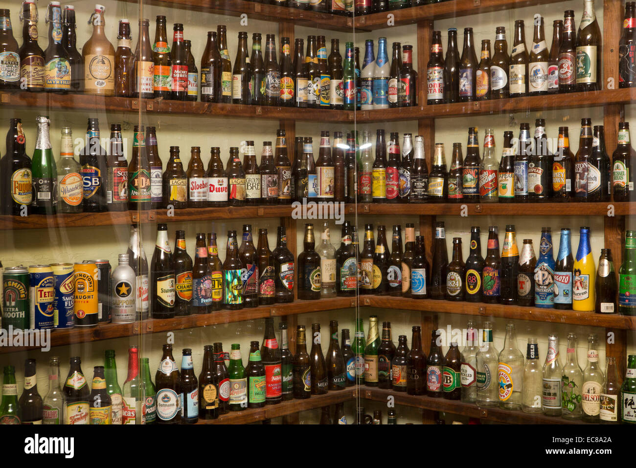 Mauritius, Port Louis, Rue St Georges, Lambic Bar and Restaurant, beer bottles on display Stock Photo