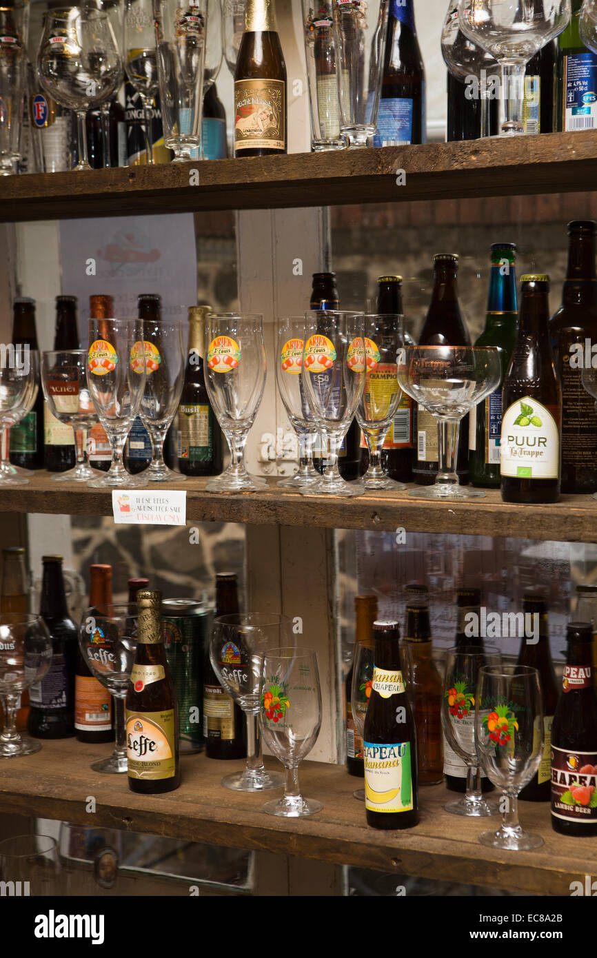 Mauritius, Port Louis, Rue St Georges, Lambic Bar and Restaurant, beer bottles on sale in  shop Stock Photo
