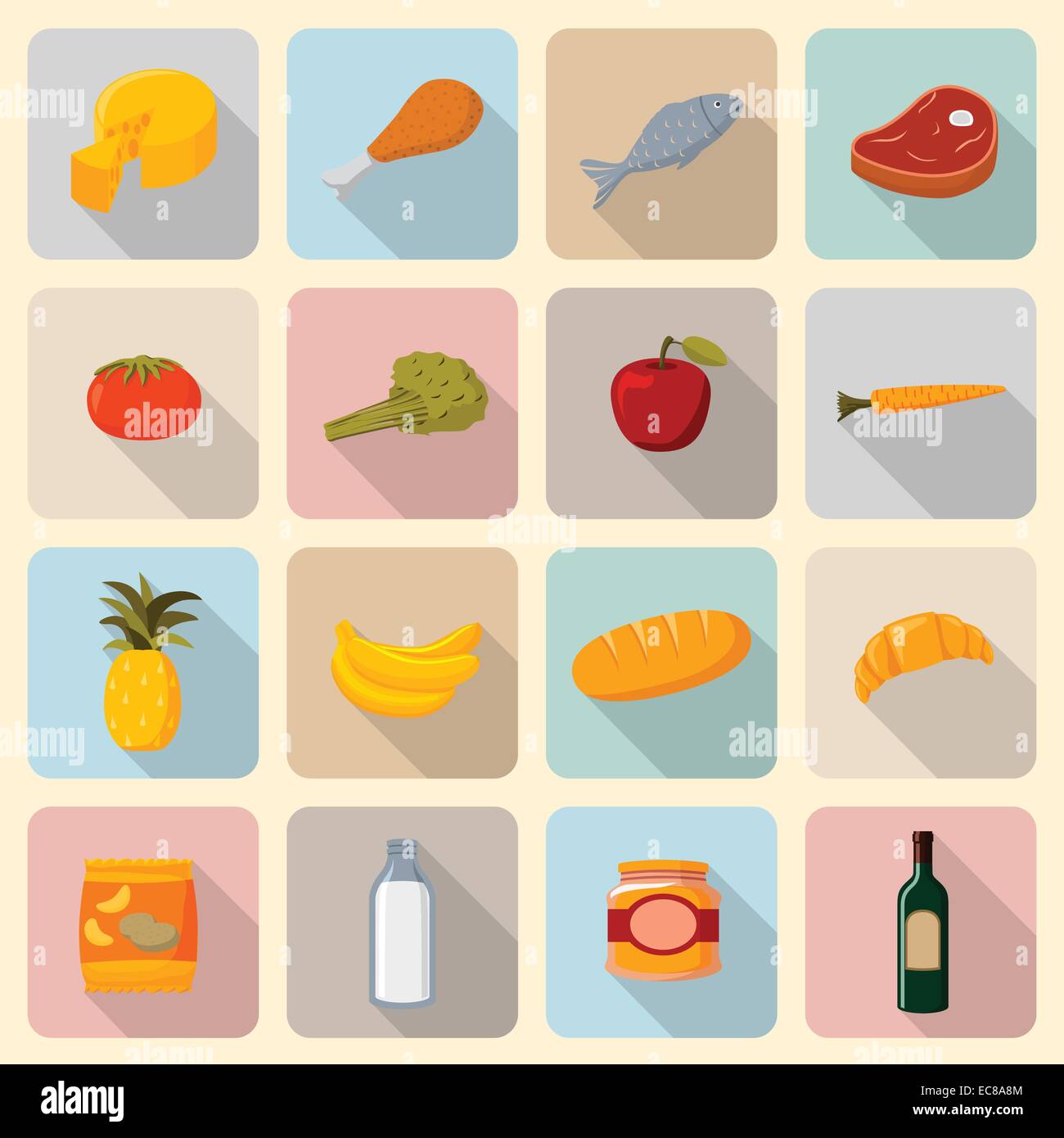 Supermarket foods icons set of fresh and natural vegetables fruits meat ...