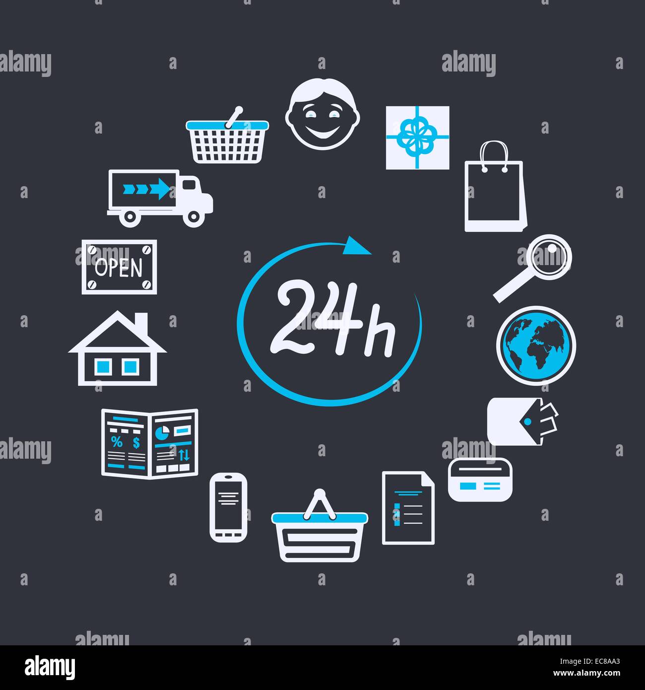 website store open 24 hours for online shopping and customer service concept isolated