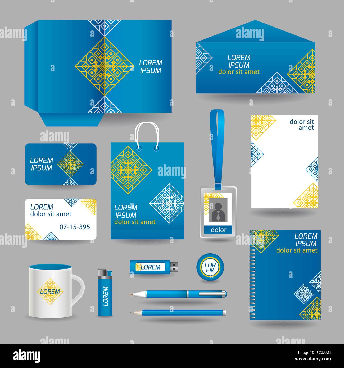 Blue ornamental business stationery template for corporate identity and ...