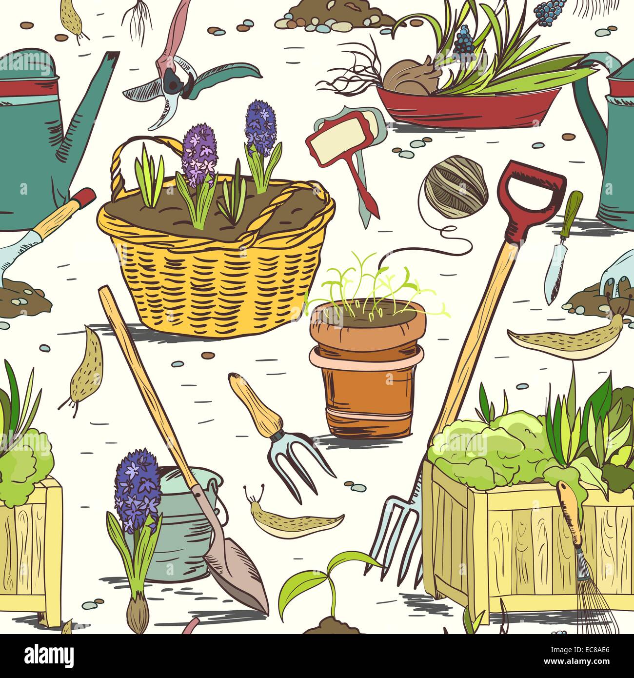 Hand drawn seamless gardening tools for plants flowers farming and ...
