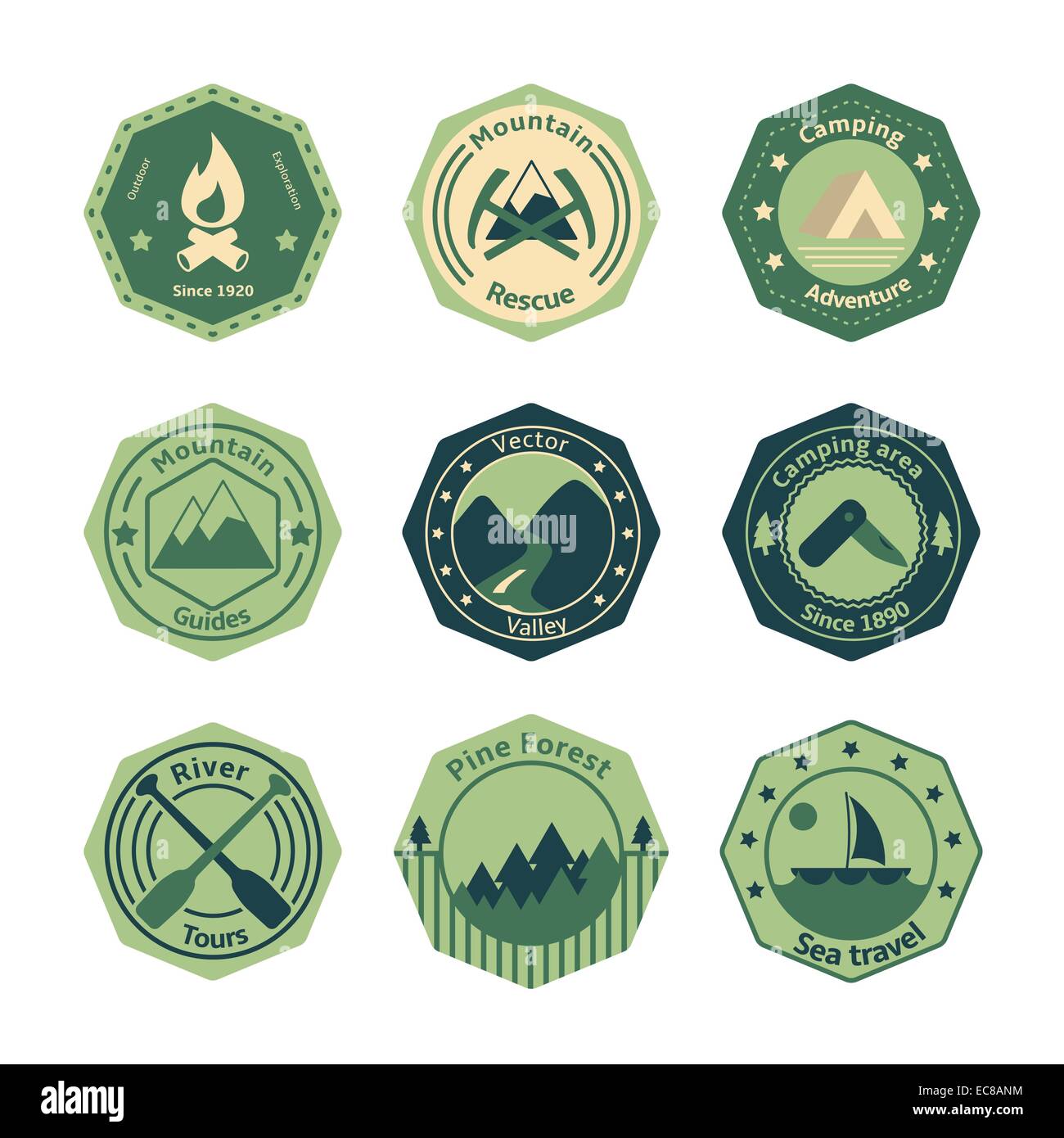 Outdoors tourism camping flat emblems set of fire camp tools and river ...