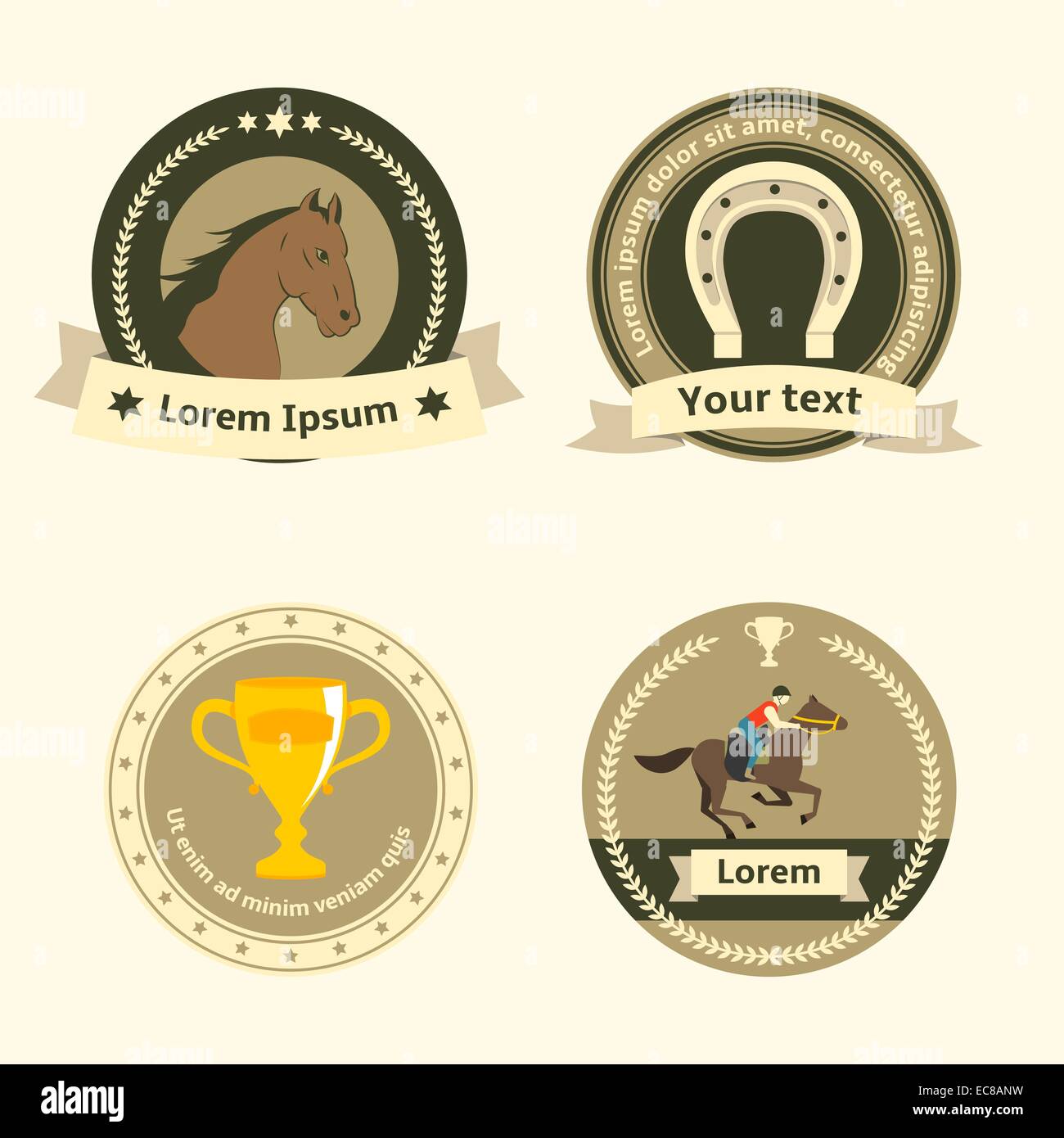 Horseback riding flat badges and labels of horse rider equestrian sport
