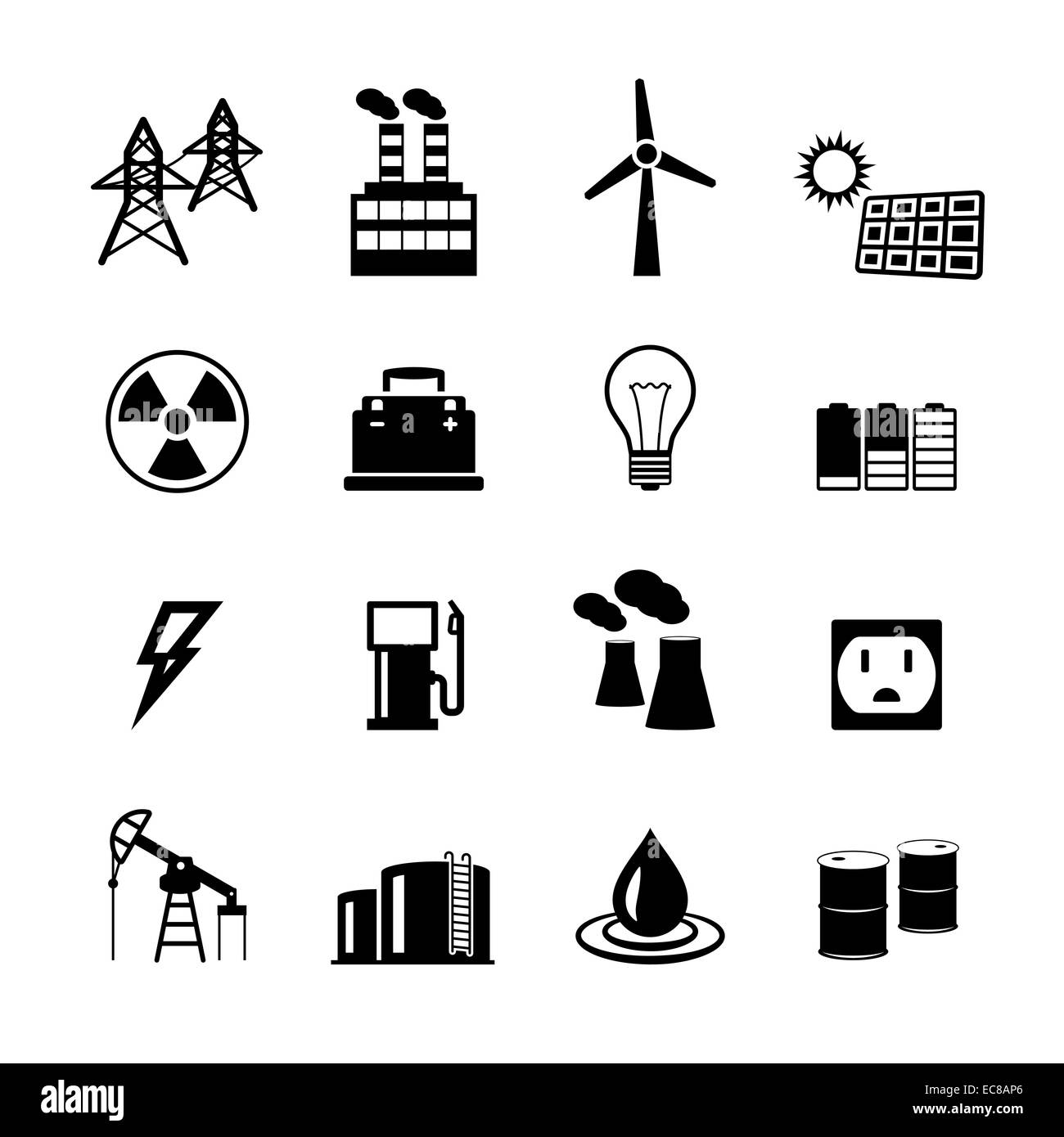 Energy power pictograms collection of light bulb electric battery and fossil fuels isolated vector illustration Stock Vector
