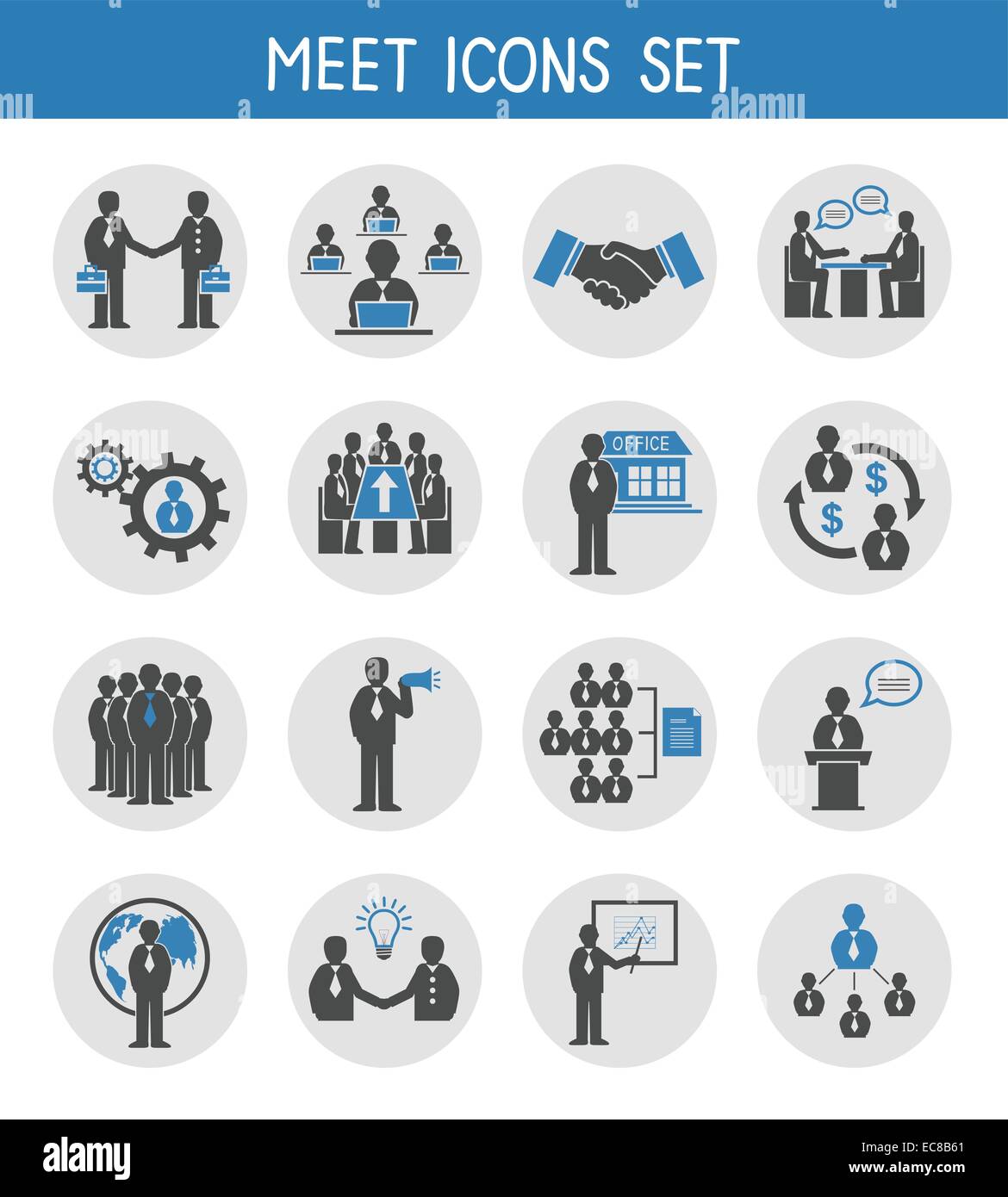 Flat business people meeting icons set of management and leadership ...
