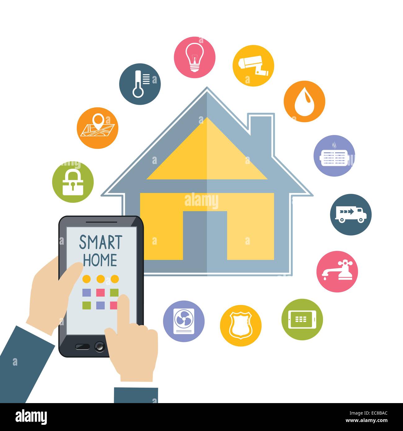 Hand holding mobile phone tablet controls smart home temperature water