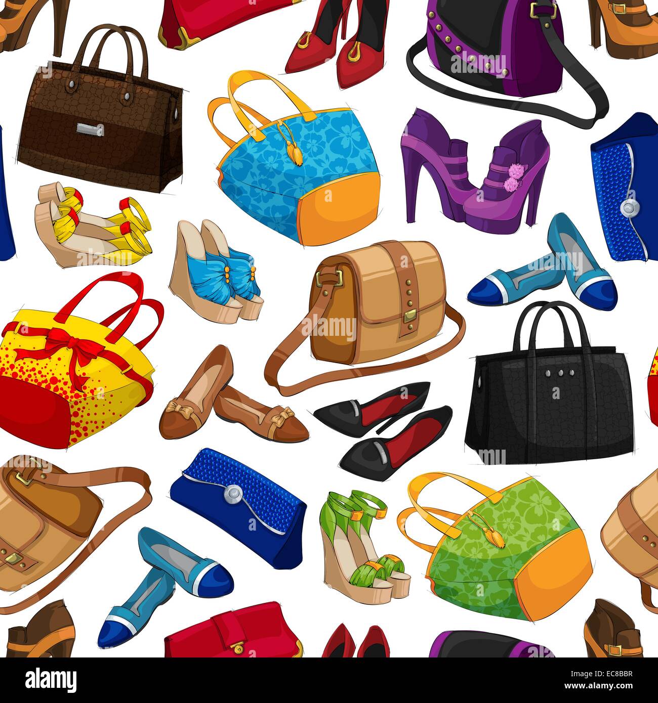 Seamless woman's fashion accessory bags and shoes wallpaper pattern