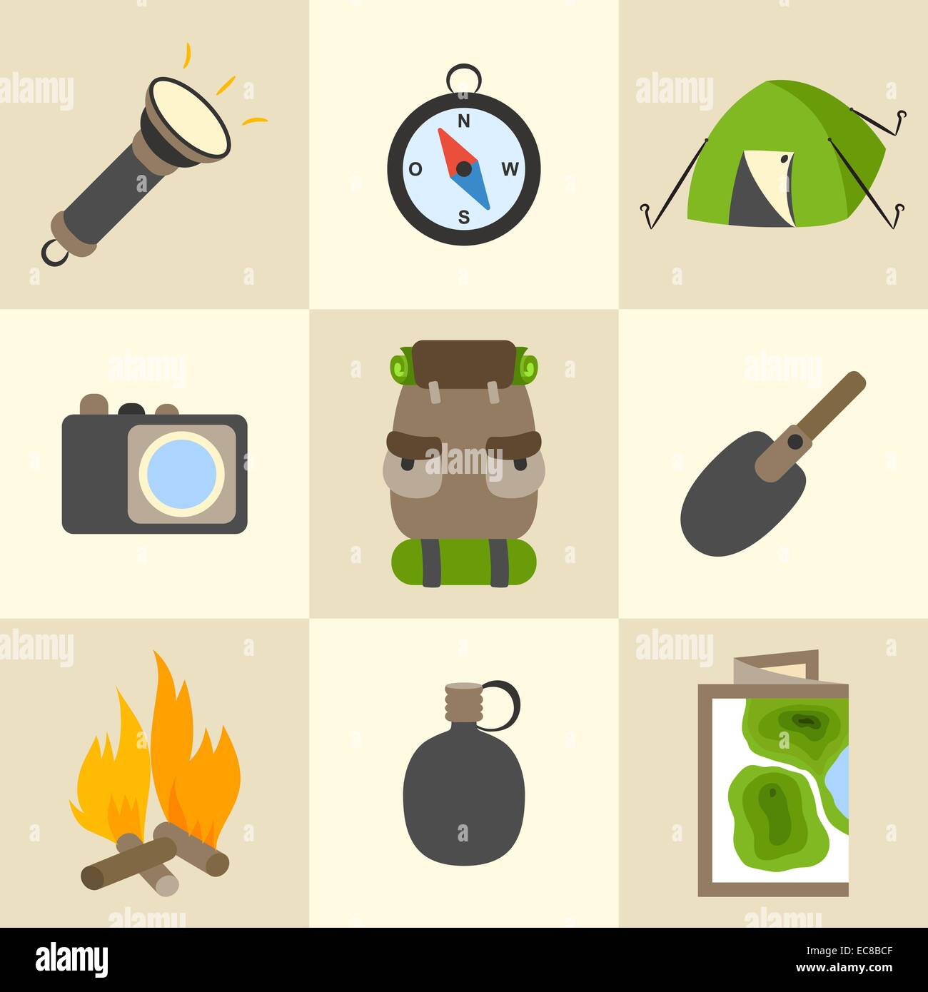 Outdoors tourism camping colorful icons set of compass map tent and ...