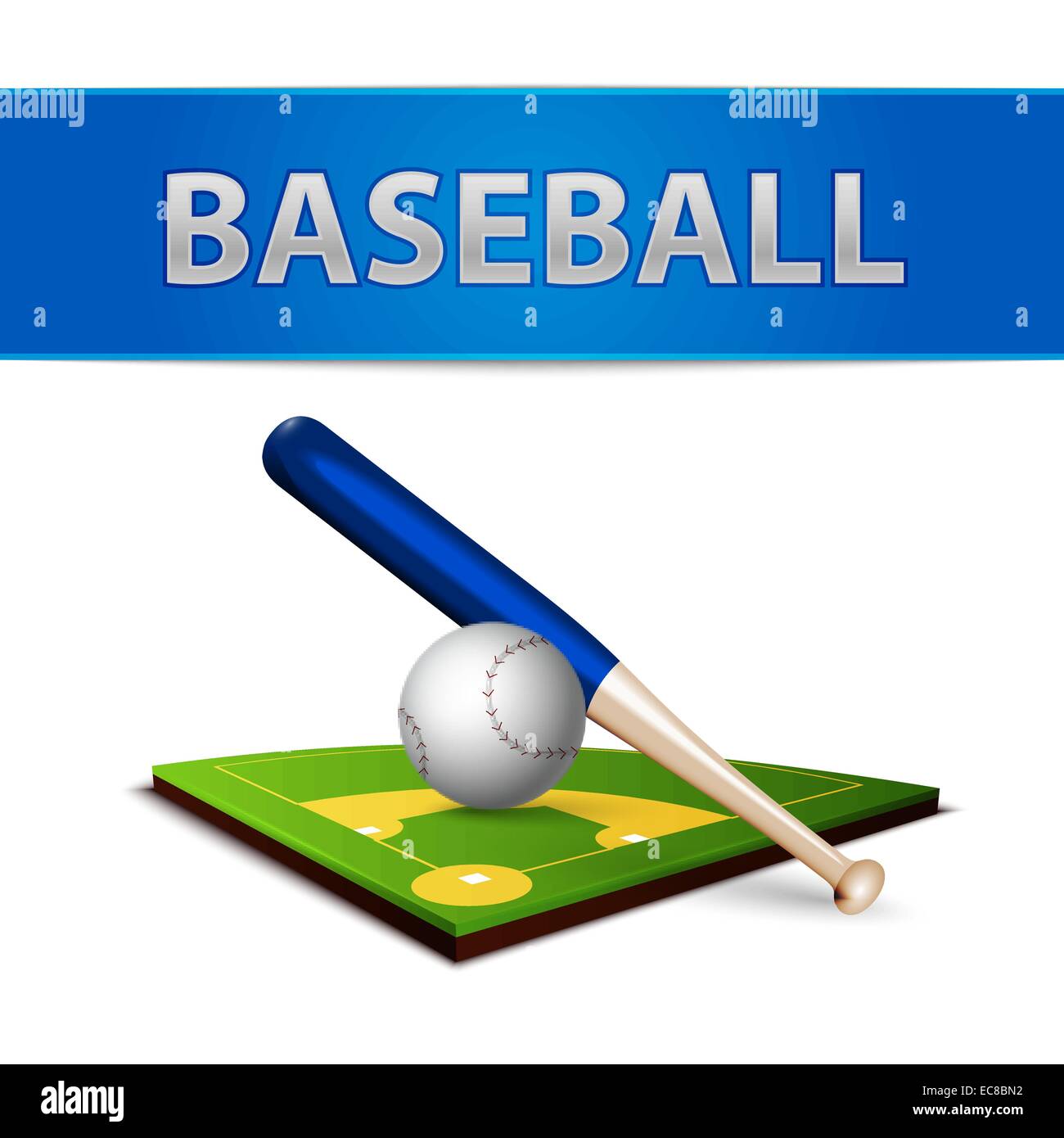 Realistic baseball ball bat and green grass field emblem isolated vector illustration Stock