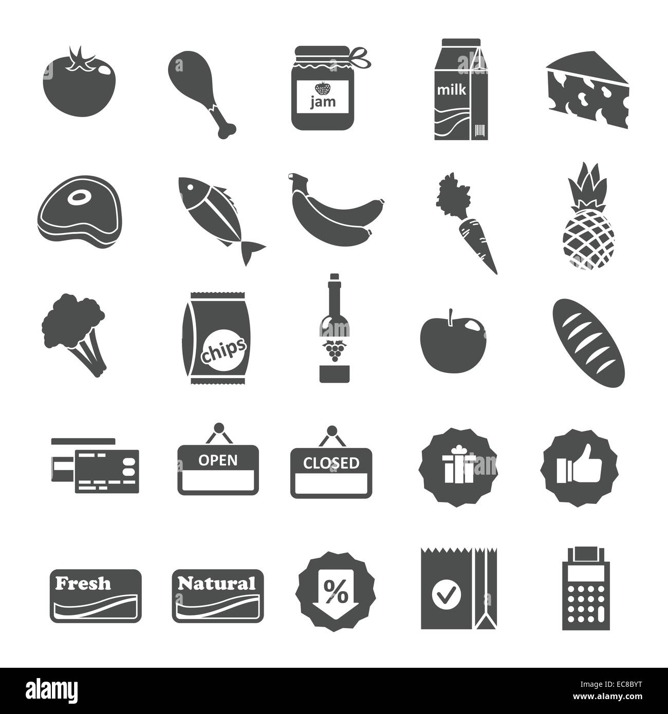 Supermarket food grocery items and symbols icons or stickers set isolated  vector illustration Stock Vector Image & Art - Alamy