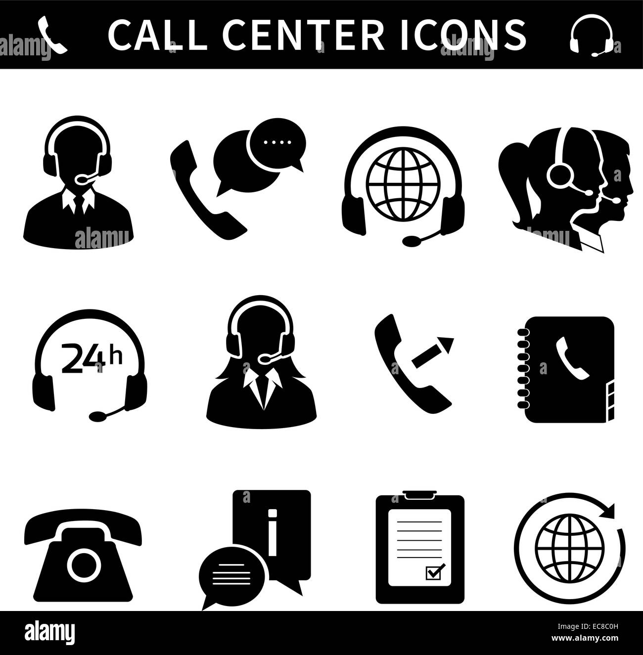 Call center service icons set of customer care phone assistance and
