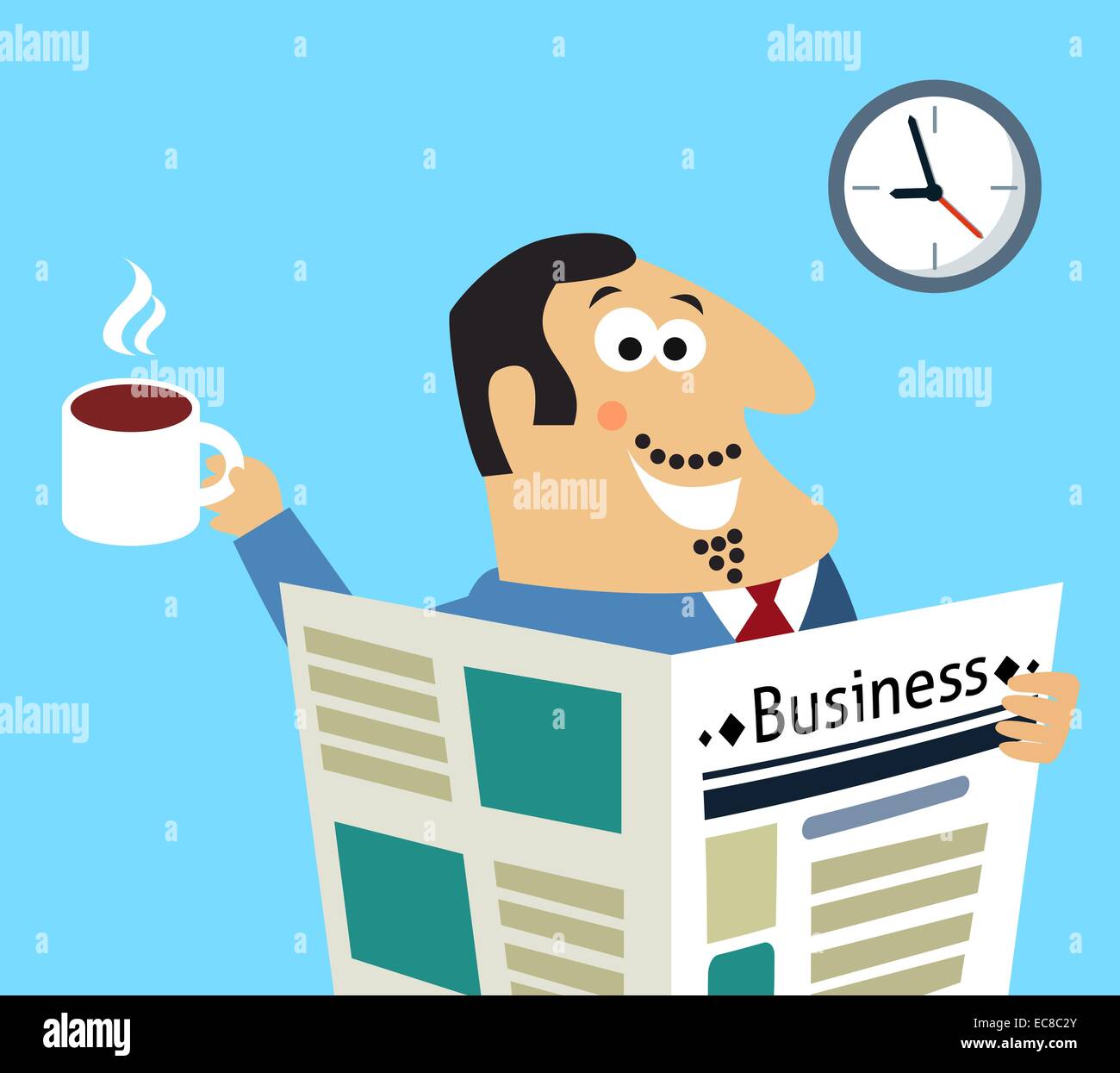 Business life morning happy boss with coffee mug and newspaper reading
