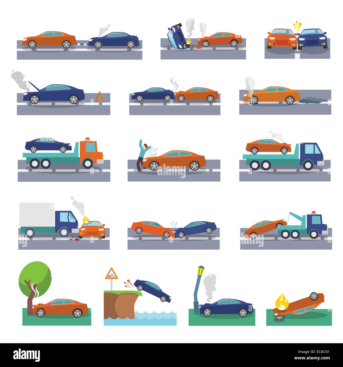 Car crash and accidents icons set with collision fire flood insurance ...