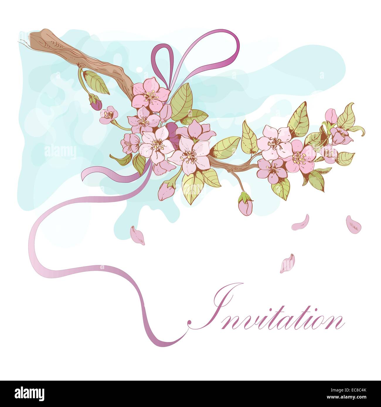 Sakura cherry invitation card template with pink petals and ribbon ...