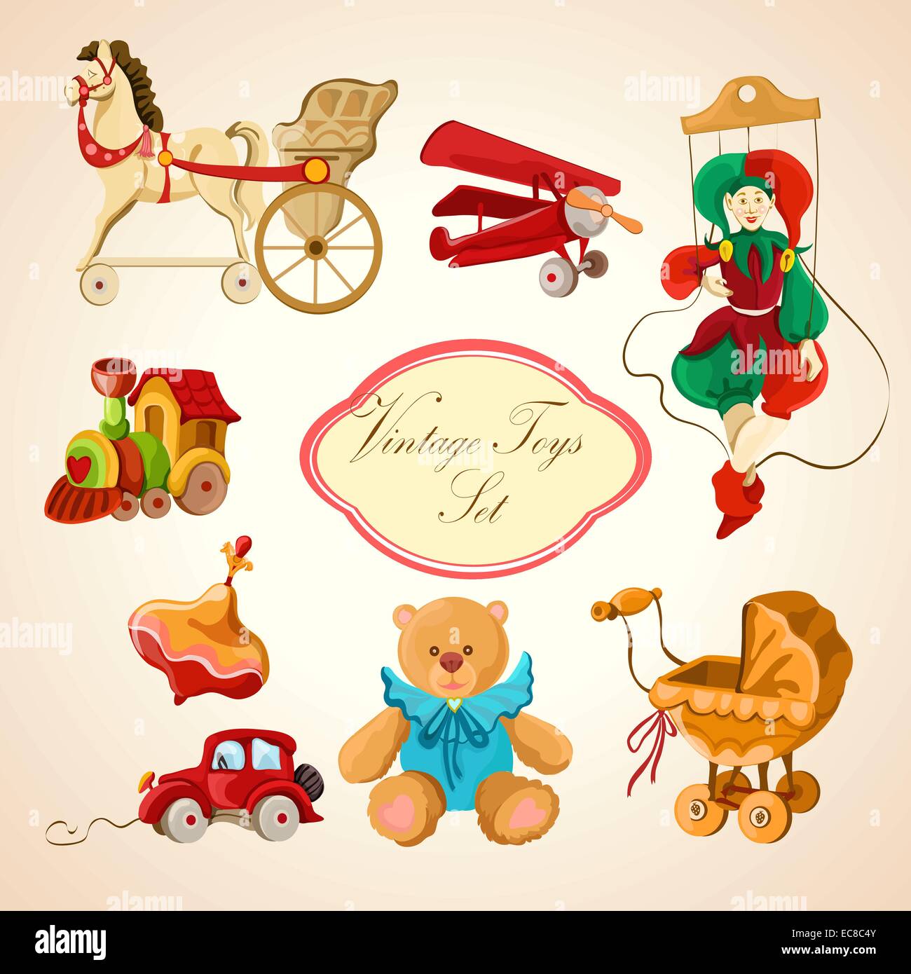 Decorative children toys sketch icons set of horse airplane puppet ...