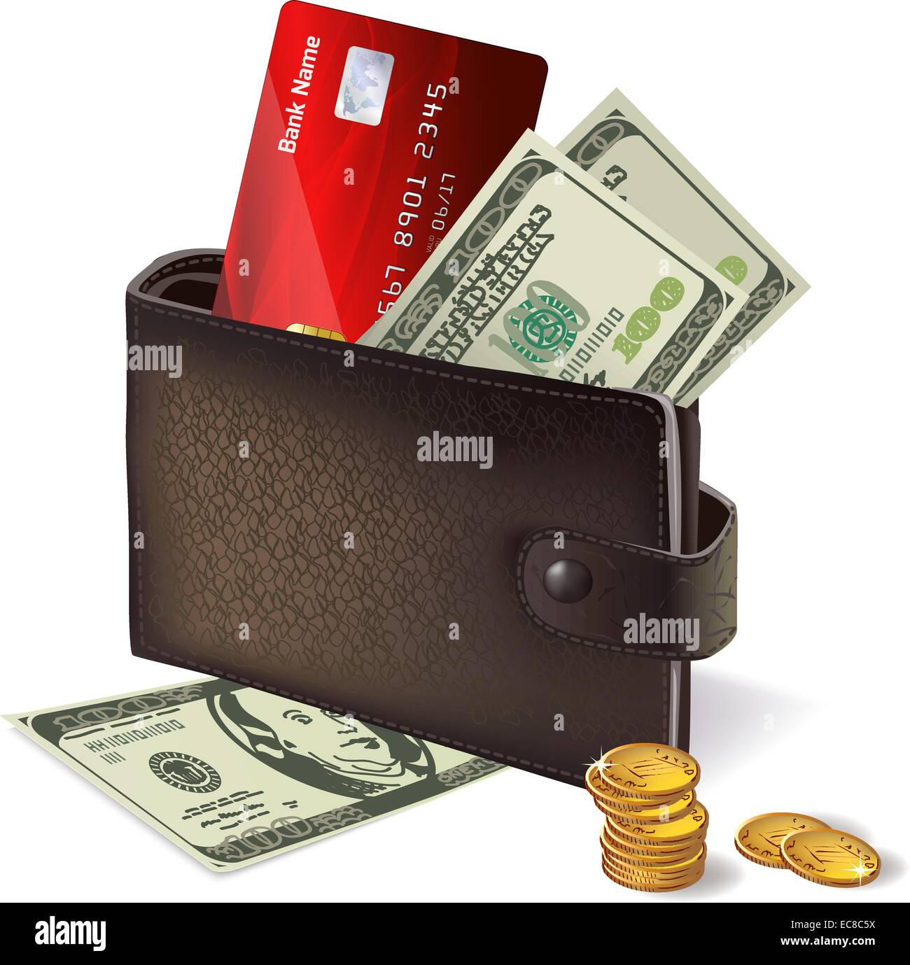 Classic modern black leather wallet with bank credit card banknotes and ...