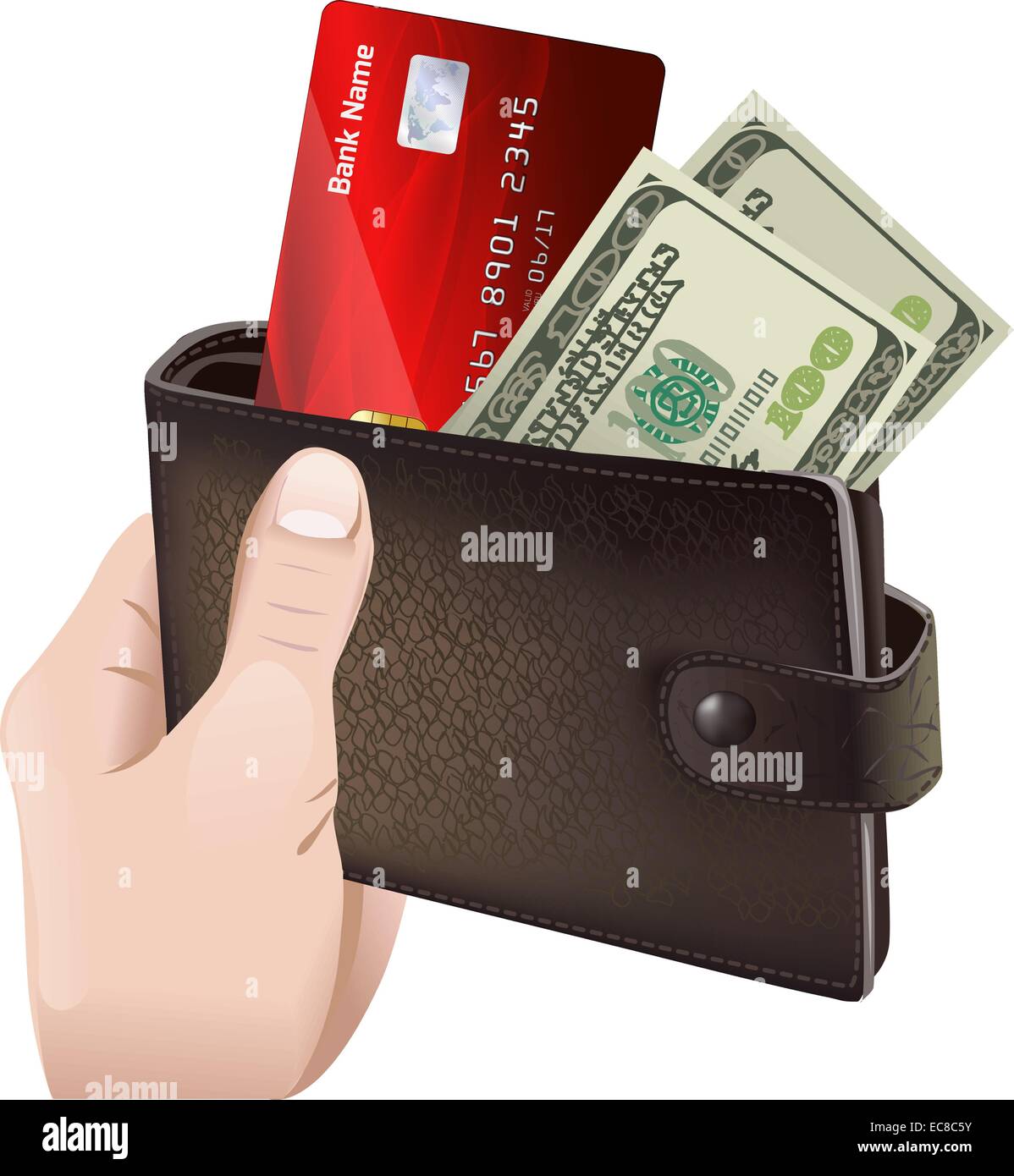 Hand holding classic leather wallet with credit card and money bills ...