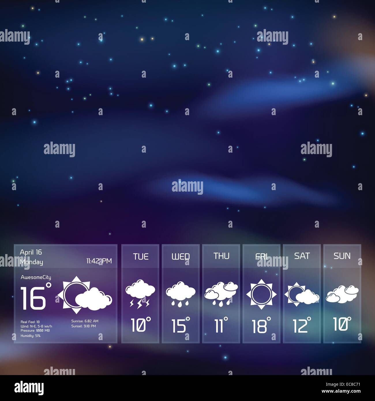 Weather forecast transparent widget template on night sky background
