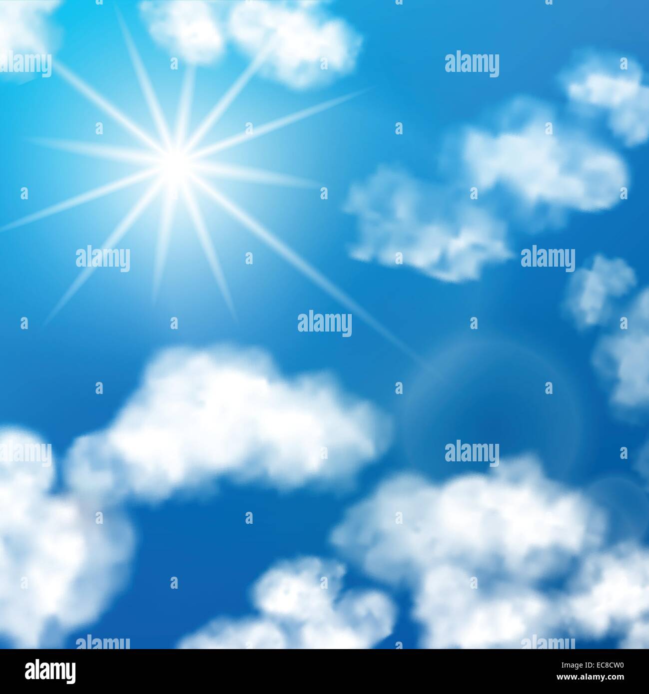 Bright blue sky with white summer fluffy clouds background vector ...
