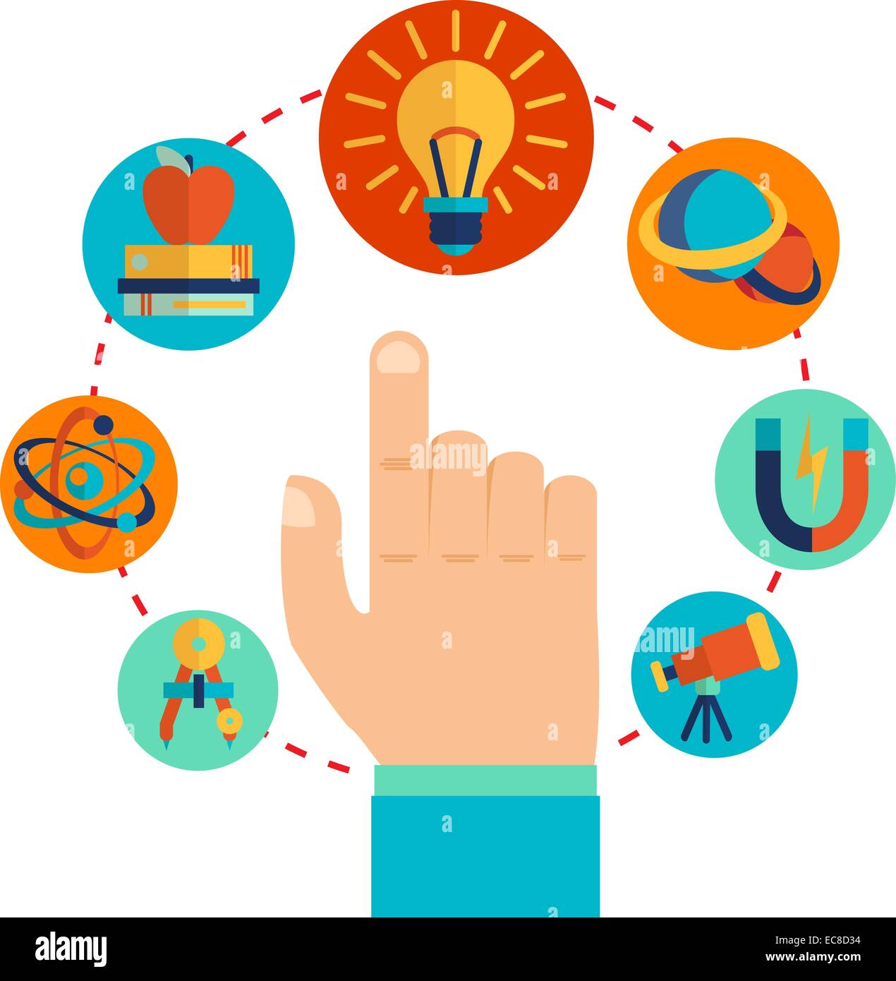 Physics signs icons with touching pointing hand concept vector ...