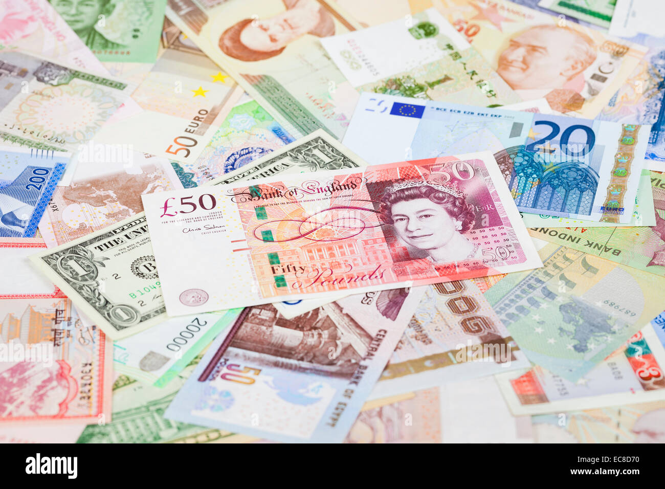 International currency banknotes, focus on british pound Stock Photo