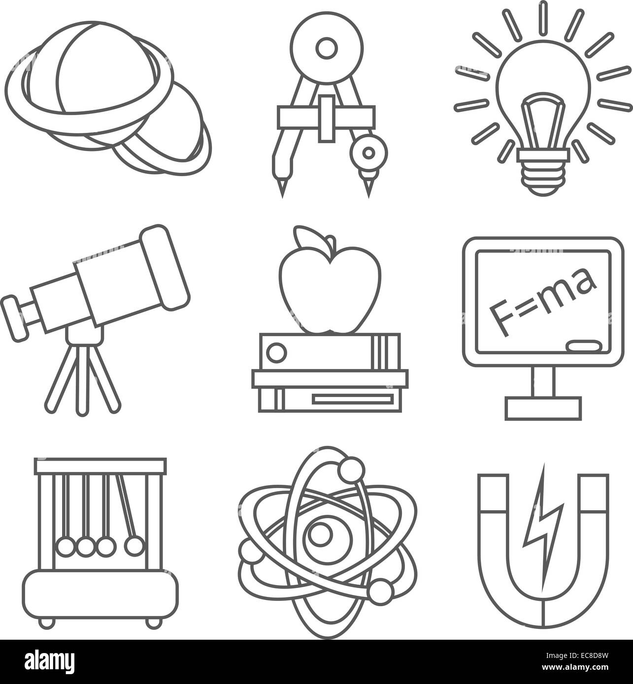 Physics science equipment school laboratory outline education icons set